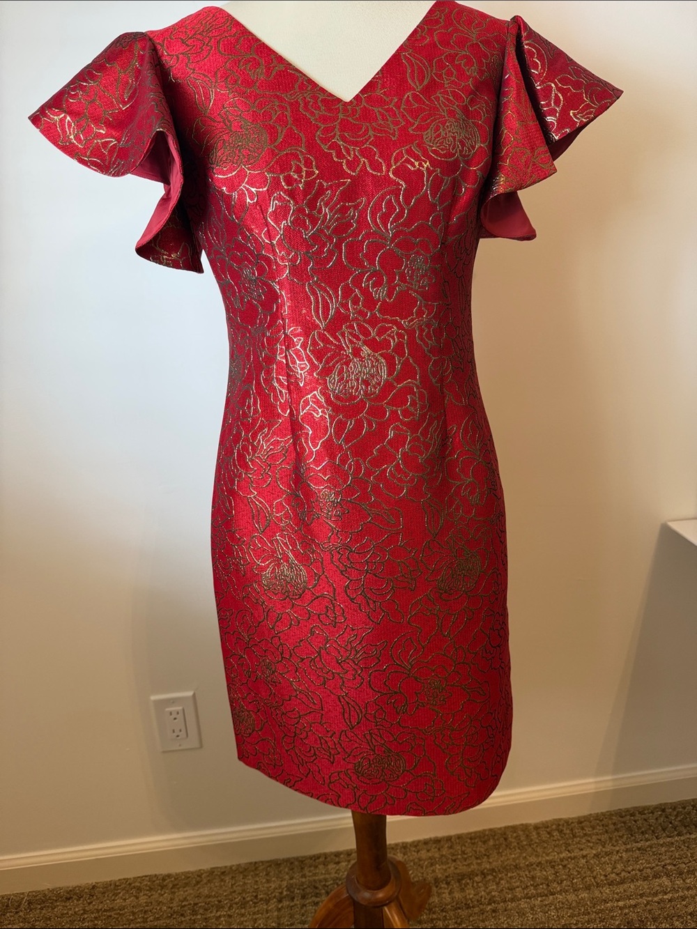 Trina Turk Shaken not Stirred red and gold Jacquard V-Neck Sheath Dress